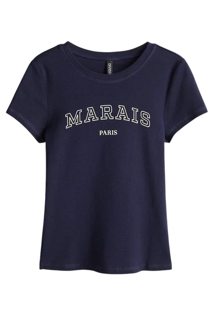 NWT H&M Divided Navy Blue Collegiate Marais Paris Short Sleeve Graphic T-Shirt L